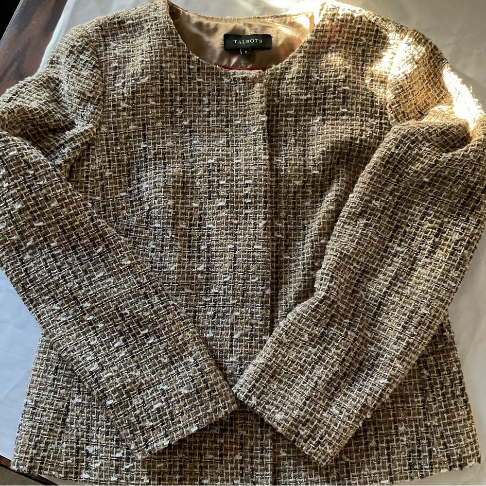 Talbots Metallic Cropped Tweed Collarless Blazer Lined Beige Tan Gold Silver 8